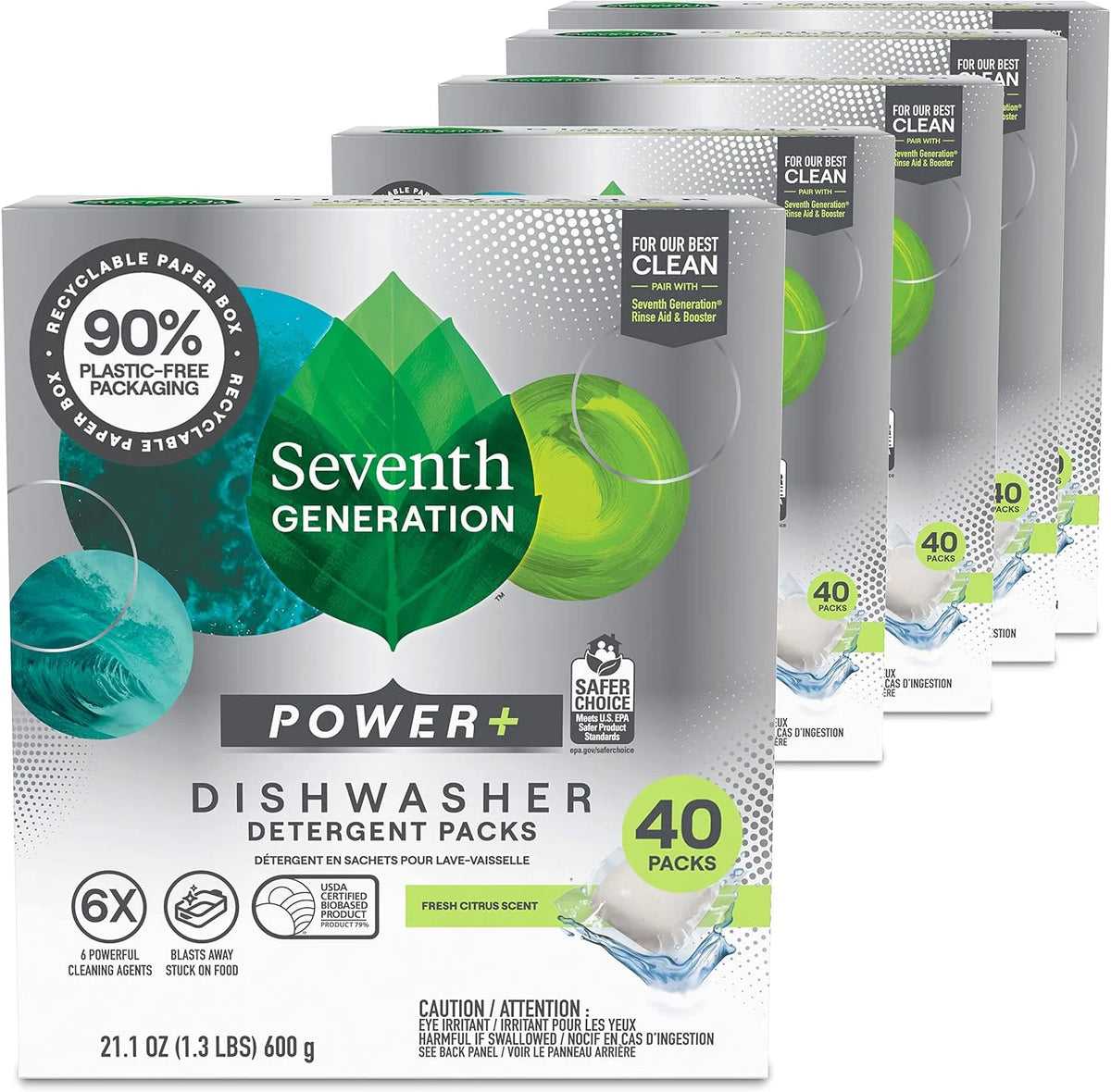 Seventh Generation Power+ Dishwasher Packs, Fresh Citrus Scent, Pack of 5