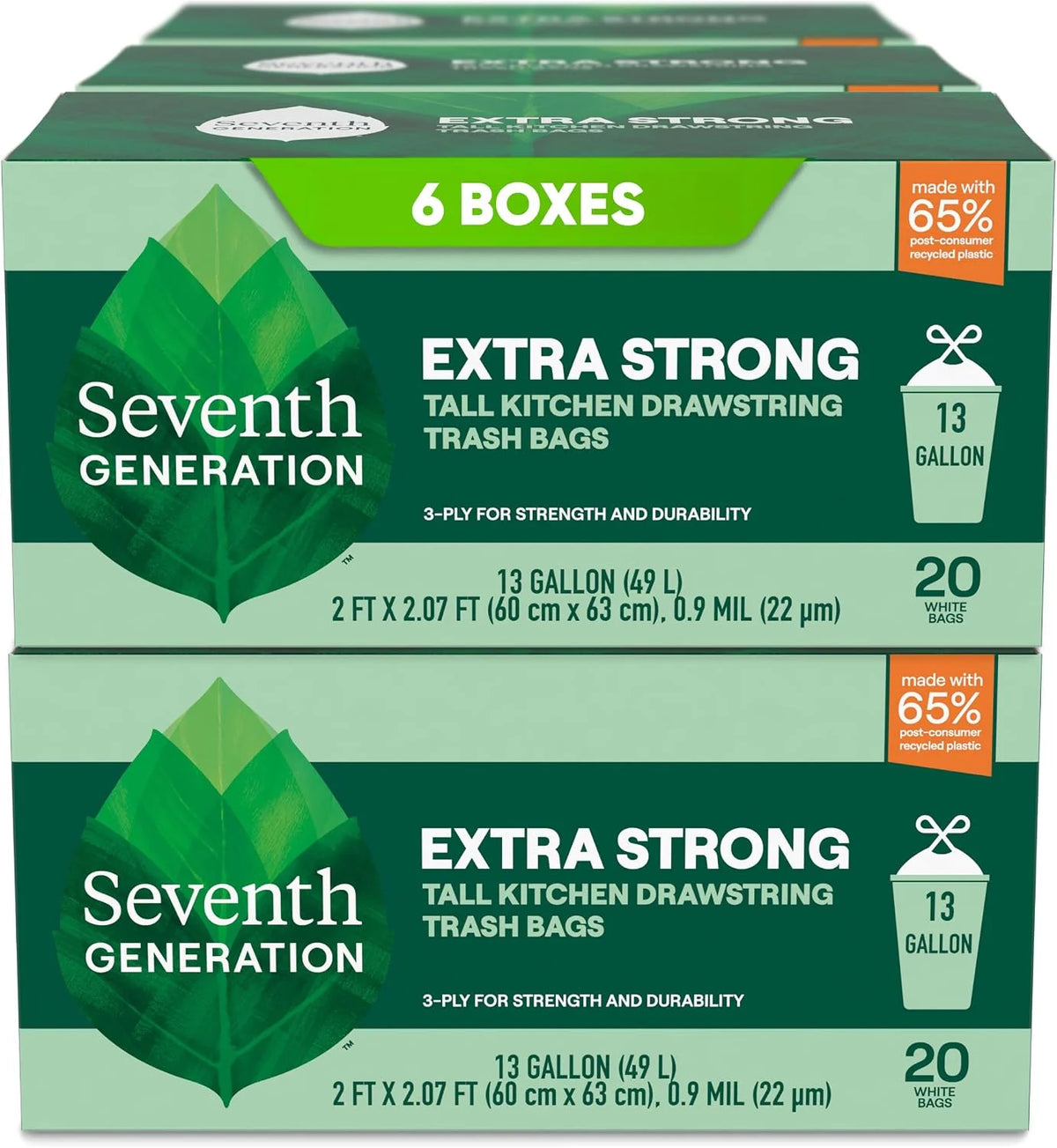 Seventh Generation Tall Kitchen Trash Bags, 13 Gallon, 20 Ct, 6-Pack
