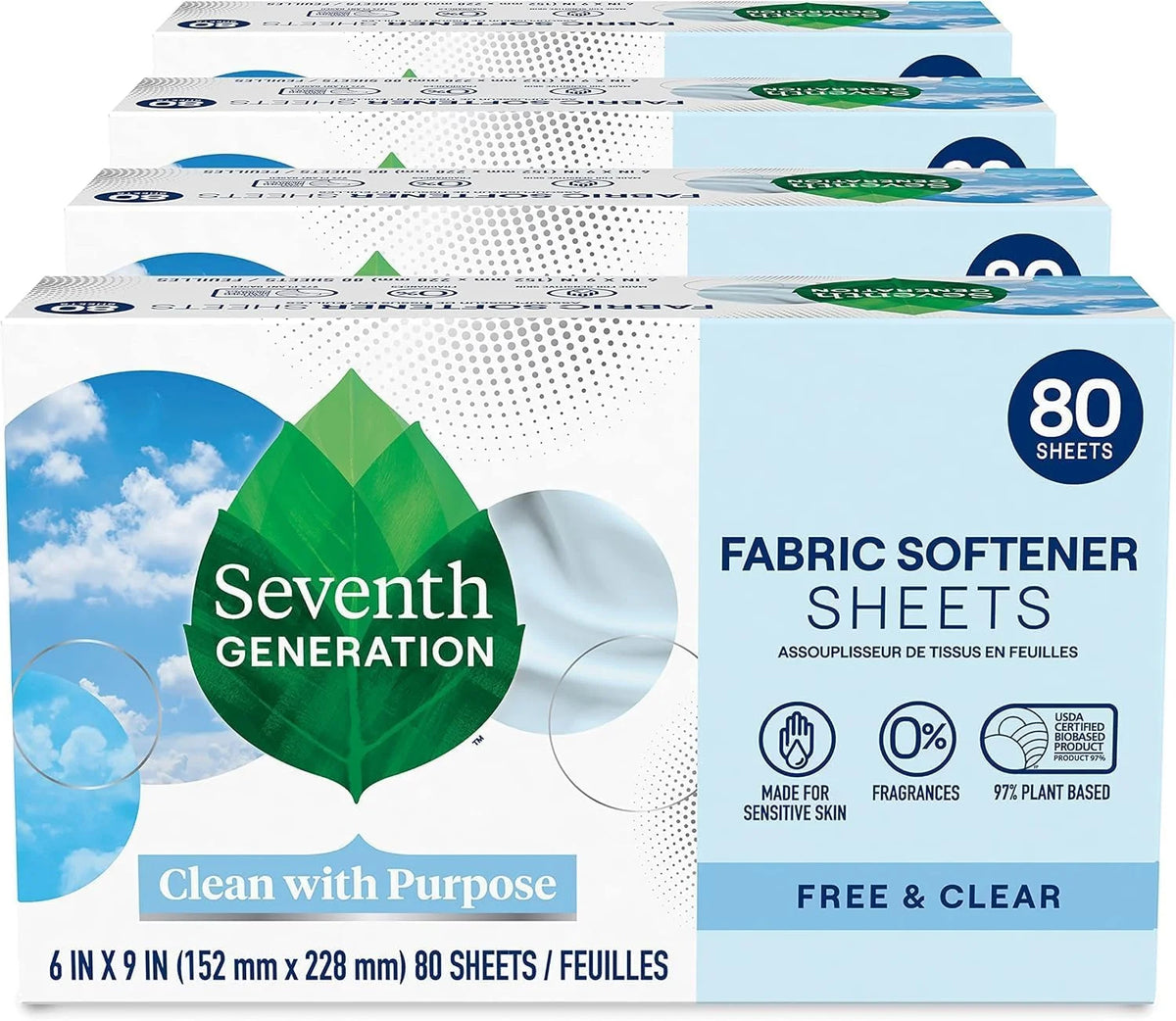 Seventh Generation Dryer Sheets, Free & Clear, 80 Count