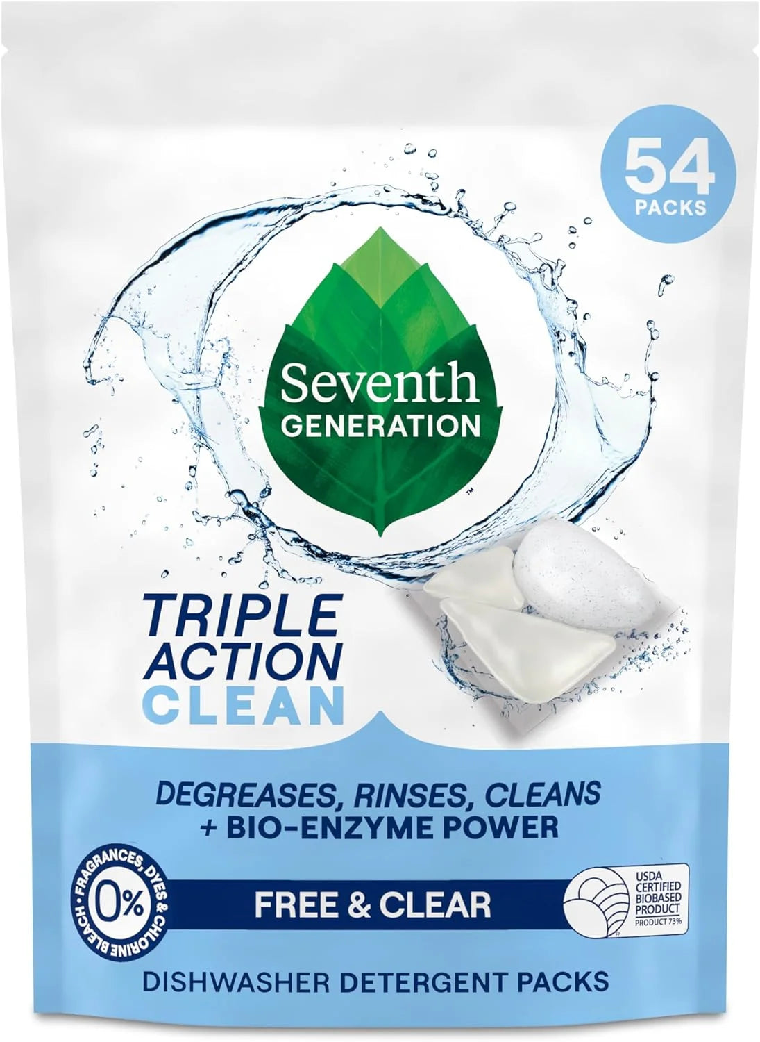 Seventh Generation Triple Chamber Dishwasher Packs, Free & Clear, 54 Count